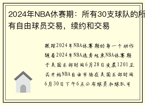 2024年NBA休赛期：所有30支球队的所有自由球员交易，续约和交易