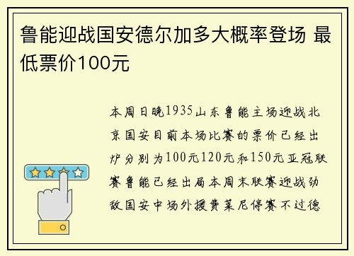 鲁能迎战国安德尔加多大概率登场 最低票价100元